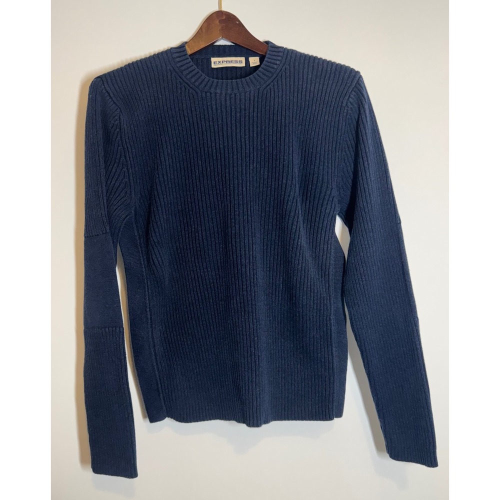 Express Precision Fit Navy Blue Ribbed Cotton Crewneck Sweater Mens Small